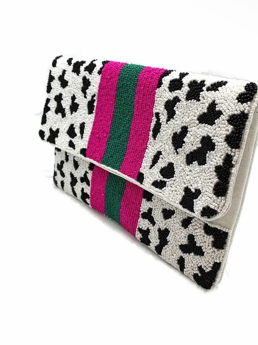 Beaded Leopard Print Clutch with Pink and Green Stripe